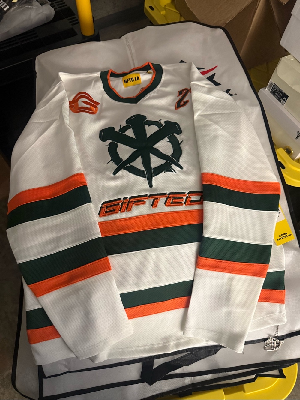 GIFTED White Hockey Jersey with Green & Orange Stripes